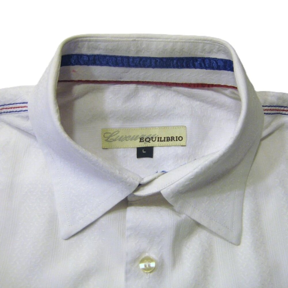 Luxury Equilibrio White Shirt Men's L Long Sleeve Red Blue Stitching Casual